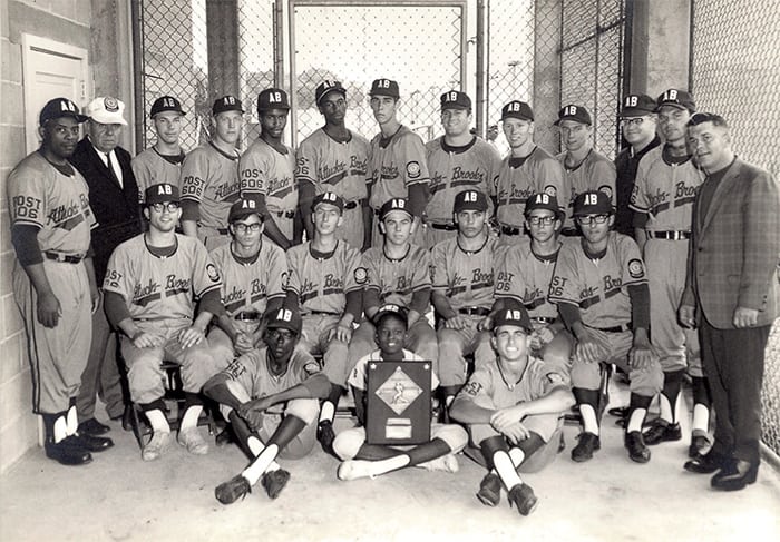 Attuck Brooks American Legion State Champions 1968. Standing fifth and sixth from the left in the back row are Steve and Dave Winfield; standing at far right is Coach Bill Peterson. Courtesy Bill Peterson